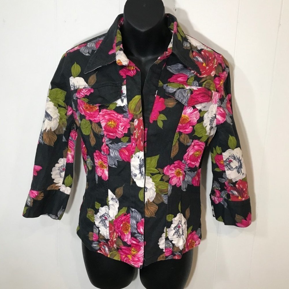 San Reno Vintage Black and Pink Floral Jean Jacket Small